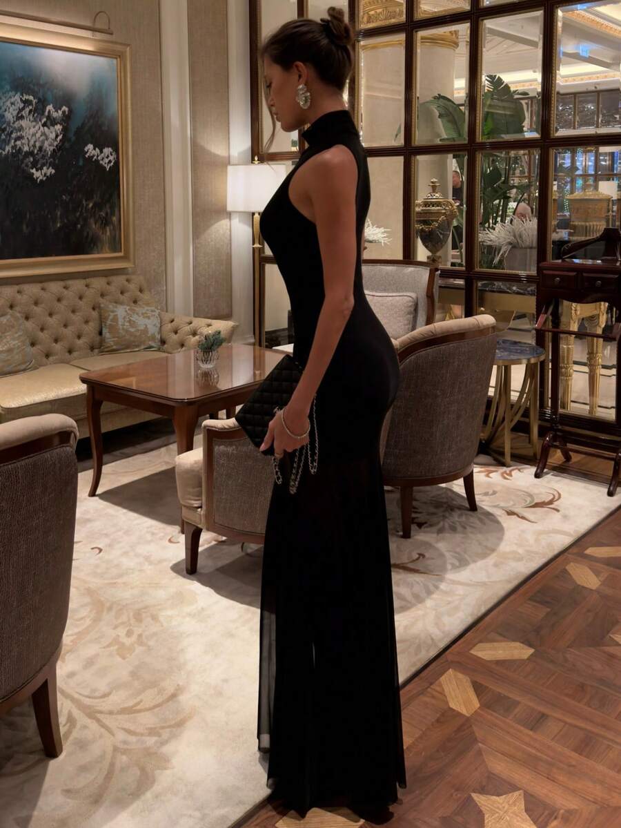 SHEIN فستان شيفون أسود محبوك شفاف