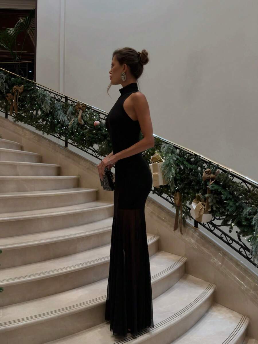 SHEIN فستان شيفون أسود محبوك شفاف