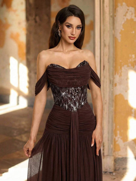 SHEIN Aureia فستان سهرة بقماش شبكي مطاطي بلون القهوة مزين بترتر