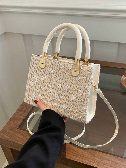 SHEIN حقيبة يد قش منسوجة مطرزة بنمط حجري بسحاب