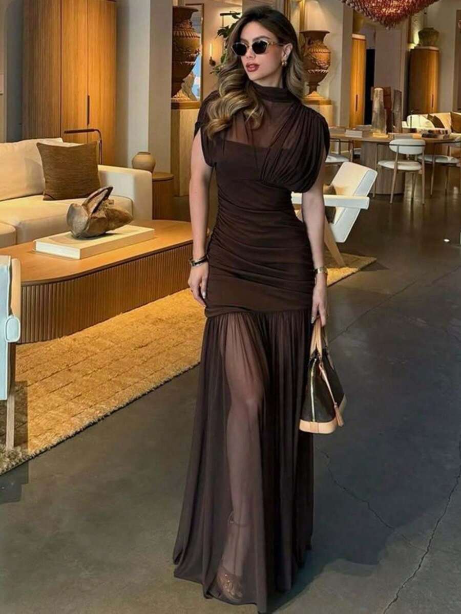 SHEIN فستان بني من القماش الشبكي بقصة مكشكشة