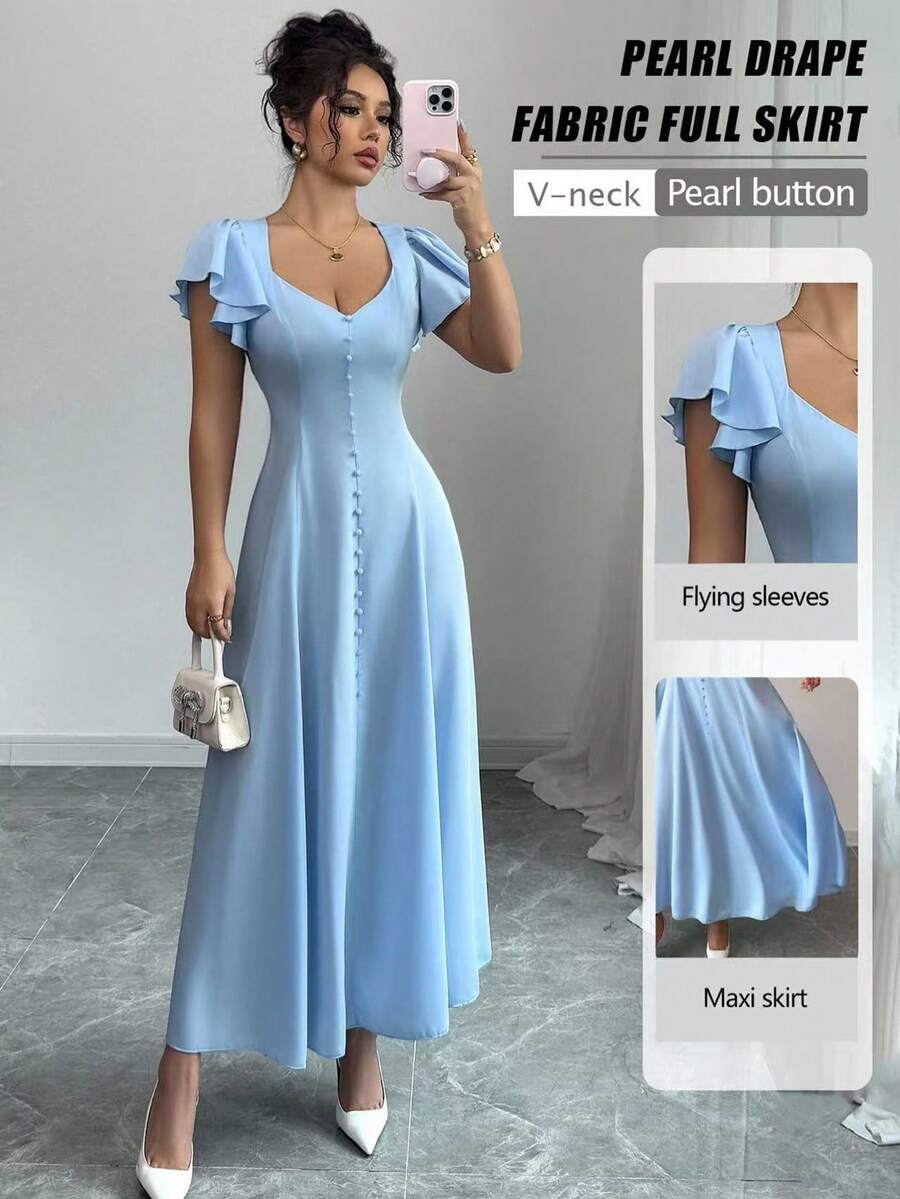 SHEIN LUNE فستان أزرق أنيق برقبة قلب وأكمام قصيرة بقصة ضيقة