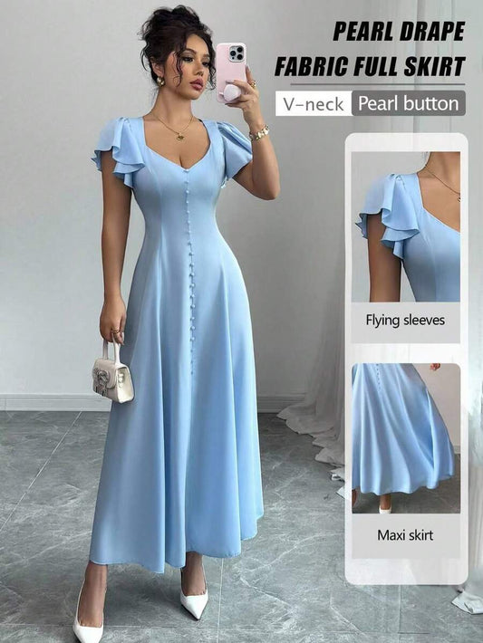 SHEIN LUNE فستان أزرق أنيق برقبة قلب وأكمام قصيرة بقصة ضيقة