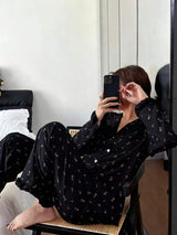SHEIN Dreamivo بيجامة قطعتين بأكمام طويلة وطبعة زهور وحواف كشكش