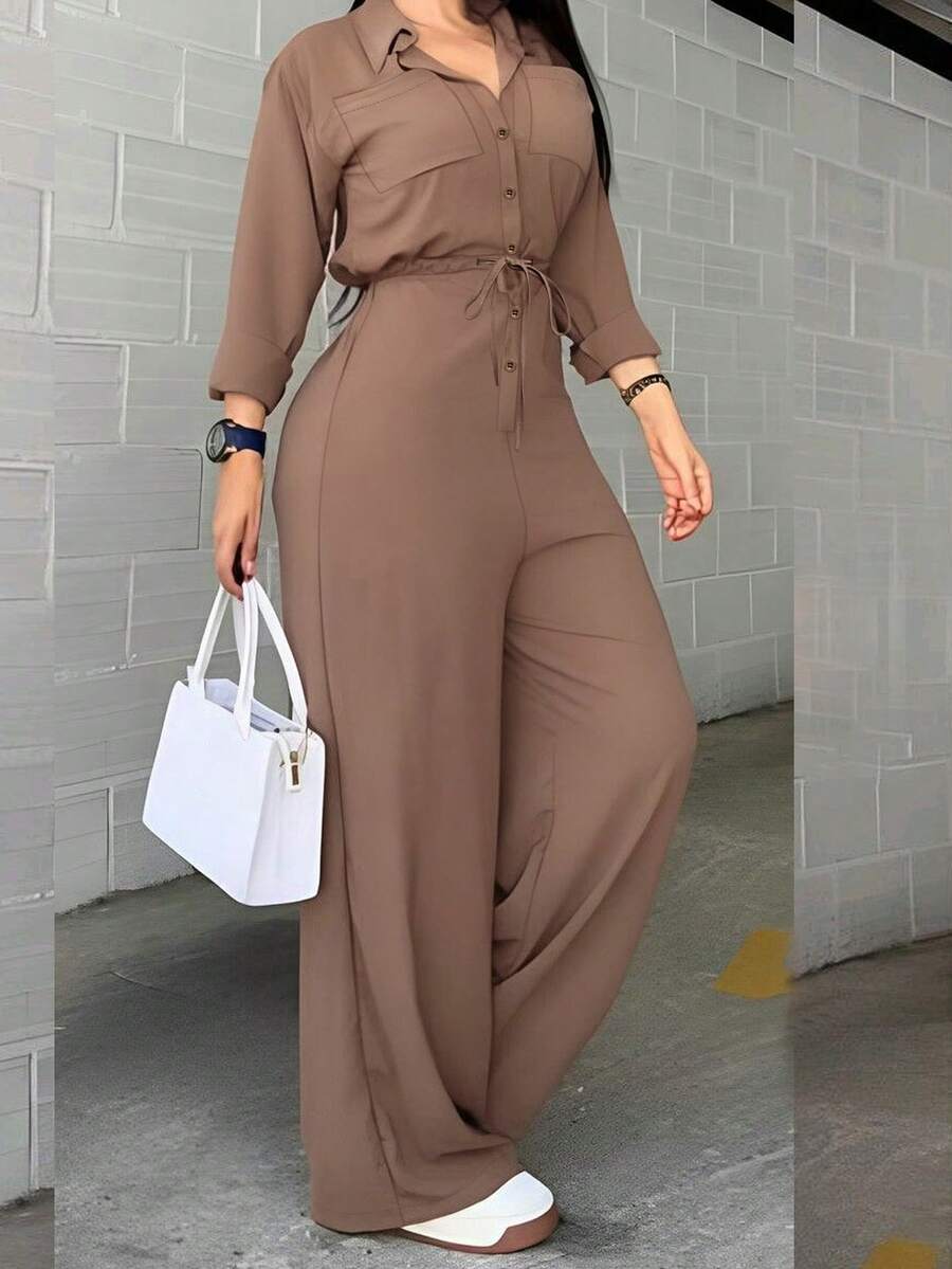 SHEIN جمبسوت بياقة ورباط وفتحات منسوجة بأكمام طويلة باللون الكاكي