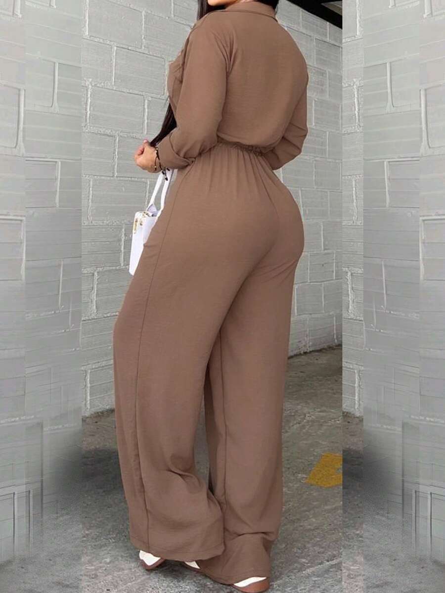 SHEIN جمبسوت بياقة ورباط وفتحات منسوجة بأكمام طويلة باللون الكاكي