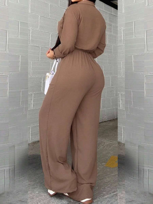 SHEIN جمبسوت بياقة ورباط وفتحات منسوجة بأكمام طويلة باللون الكاكي
