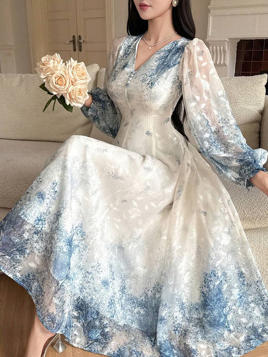 SHEIN فستان ماكسي أزرق أنيق بأكمام علي شكل بتلات الزهور