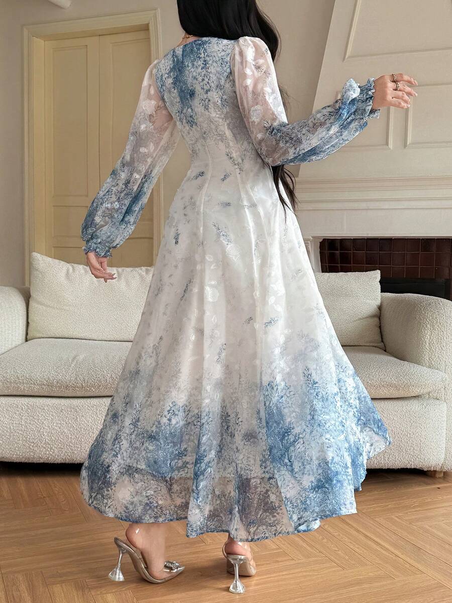 SHEIN فستان ماكسي أزرق أنيق بأكمام علي شكل بتلات الزهور