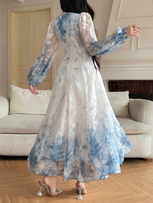 SHEIN فستان ماكسي أزرق أنيق بأكمام علي شكل بتلات الزهور
