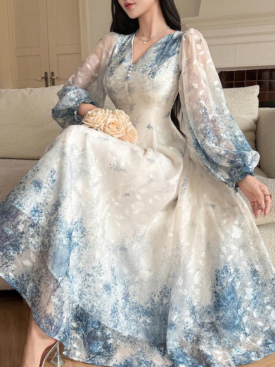 SHEIN فستان ماكسي أزرق أنيق بأكمام علي شكل بتلات الزهور