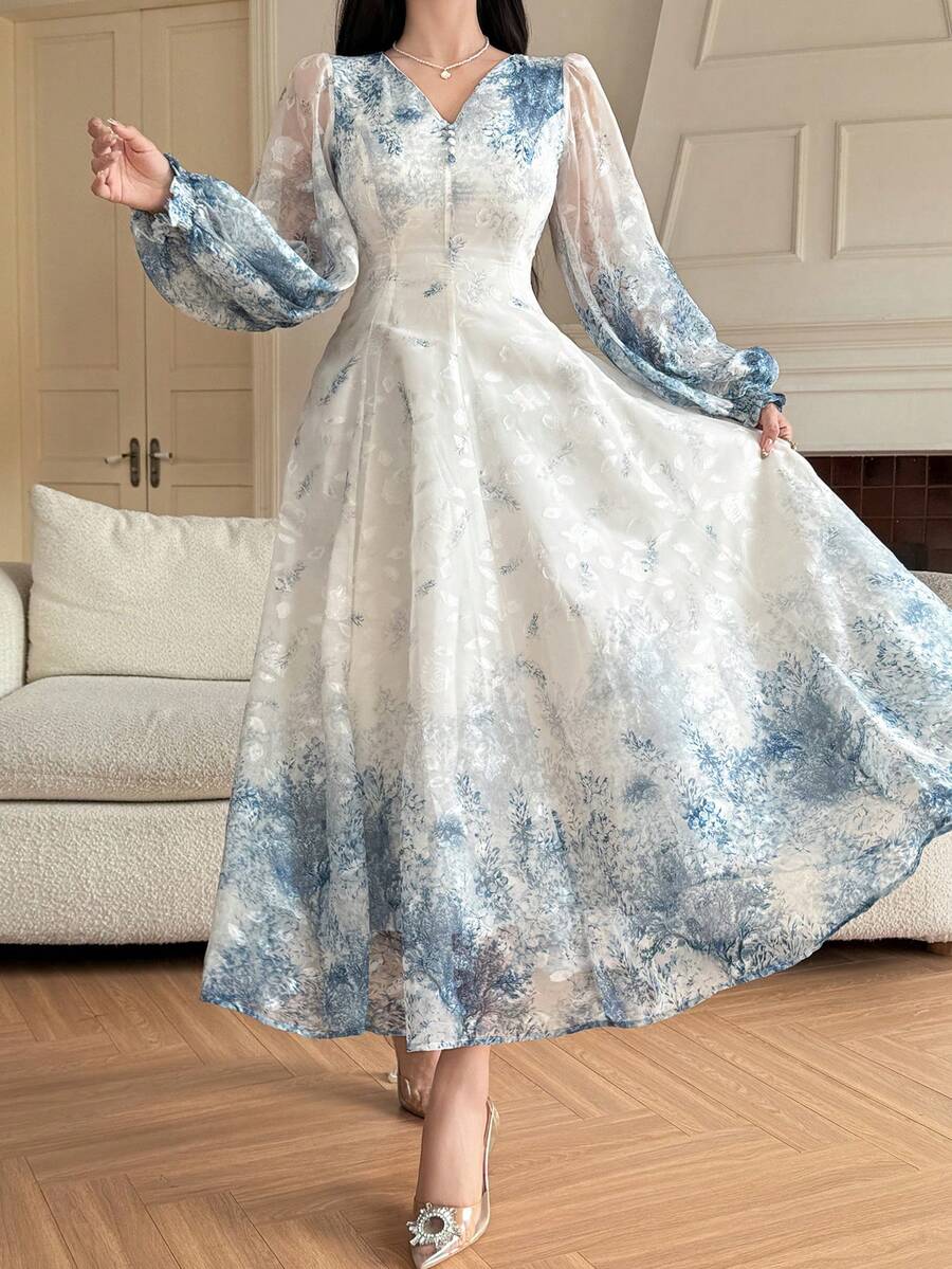 SHEIN فستان ماكسي أزرق أنيق بأكمام علي شكل بتلات الزهور