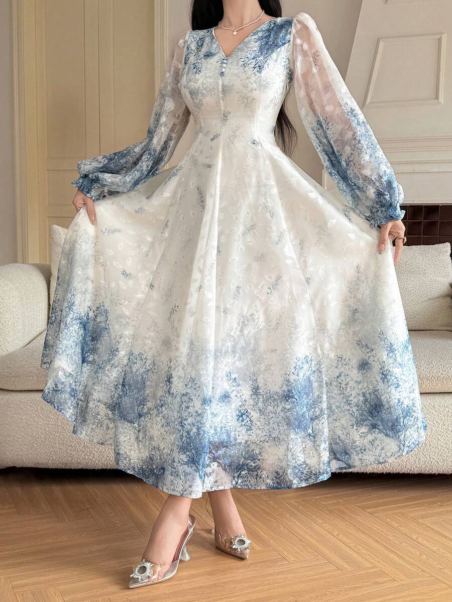 SHEIN فستان ماكسي أزرق أنيق بأكمام علي شكل بتلات الزهور