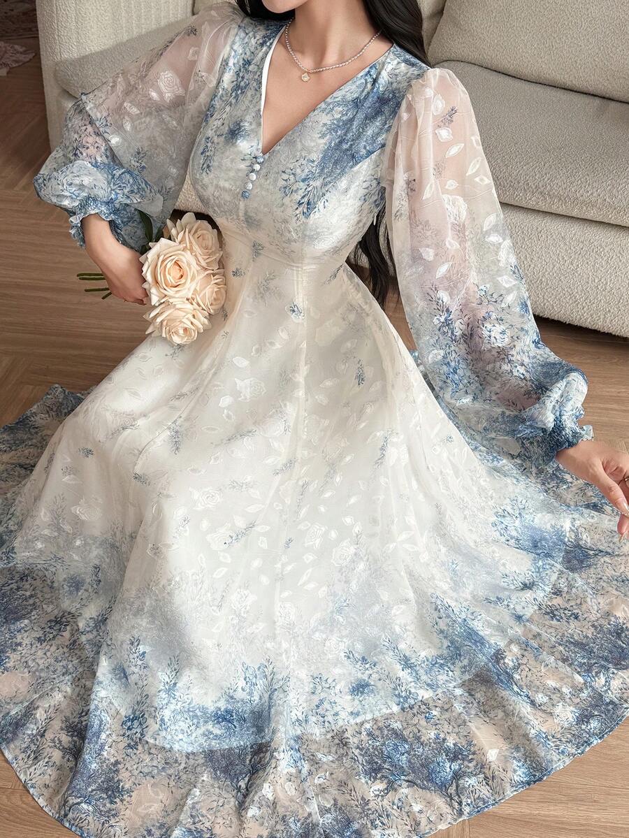 SHEIN فستان ماكسي أزرق أنيق بأكمام علي شكل بتلات الزهور