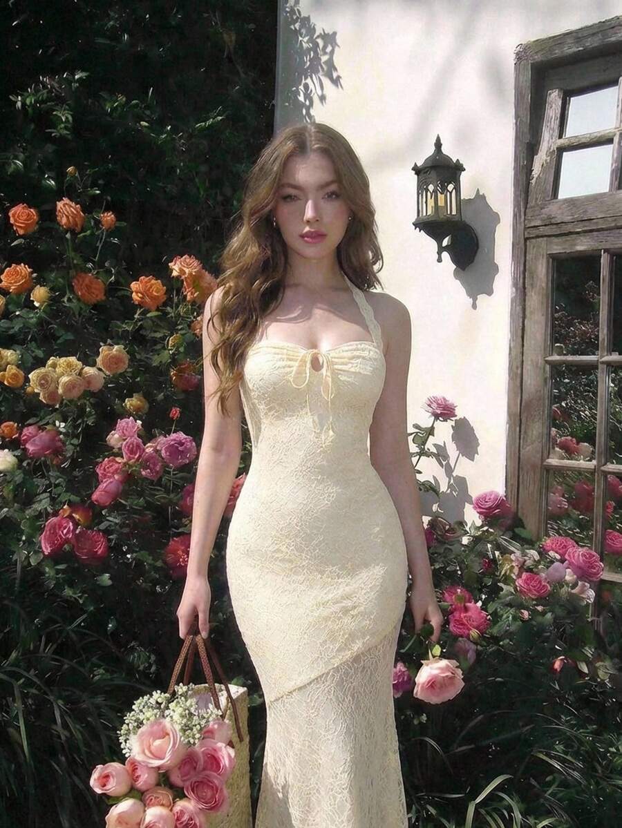 SHEIN MOD فستان أصفر بعقدة وظهر مكشوف