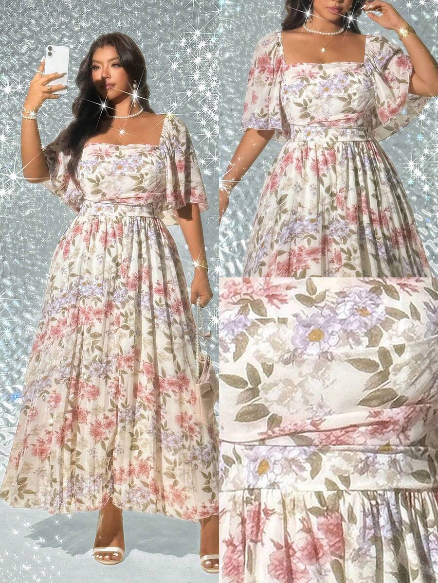 SHEIN Viva Relle فستان للمقاسات الكبيرة بطبعة زهور أنيقة بظهر مكشوف