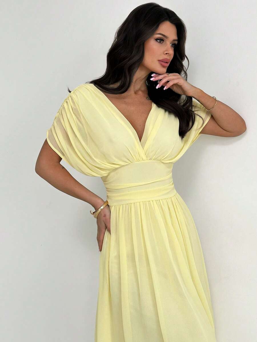 SHEIN Firerie فستان أصفر بكشكشة وأكمام خفافيش بخصر مربوط