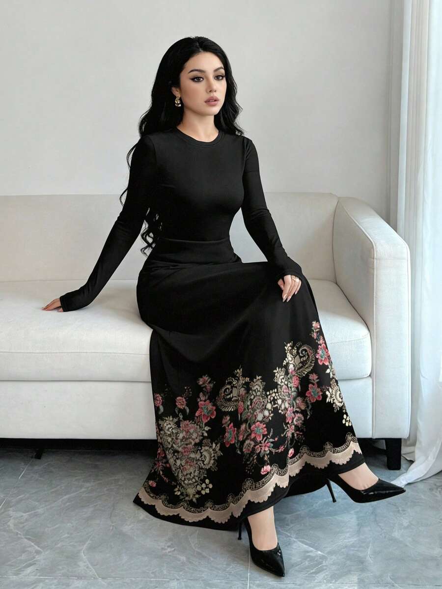 SHEIN Al Najma فستان ماكسي أسود بأكمام طويلة بطبعة زهور وخصر مشدود