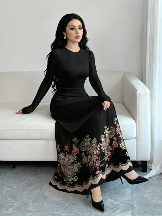 SHEIN Al Najma فستان ماكسي أسود بأكمام طويلة بطبعة زهور وخصر مشدود