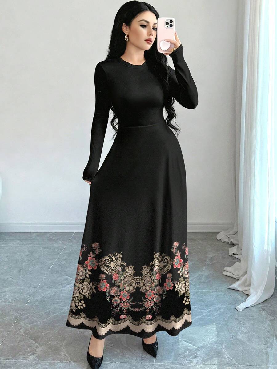 SHEIN Al Najma فستان ماكسي أسود بأكمام طويلة بطبعة زهور وخصر مشدود