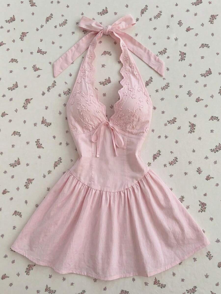 SHEIN Flirla فستان وردي قصير بياقة حلقية وظهر مكشوف