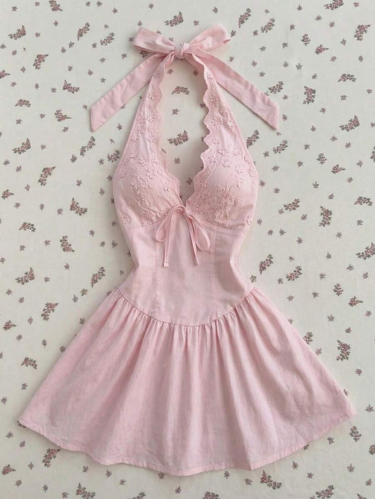 SHEIN Flirla فستان وردي قصير بياقة حلقية وظهر مكشوف
