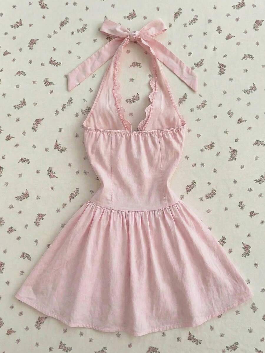 SHEIN Flirla فستان وردي قصير بياقة حلقية وظهر مكشوف