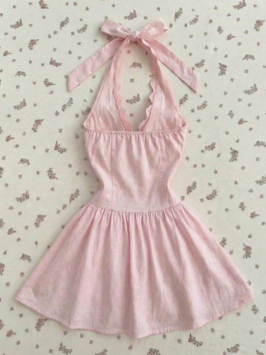 SHEIN Flirla فستان وردي قصير بياقة حلقية وظهر مكشوف