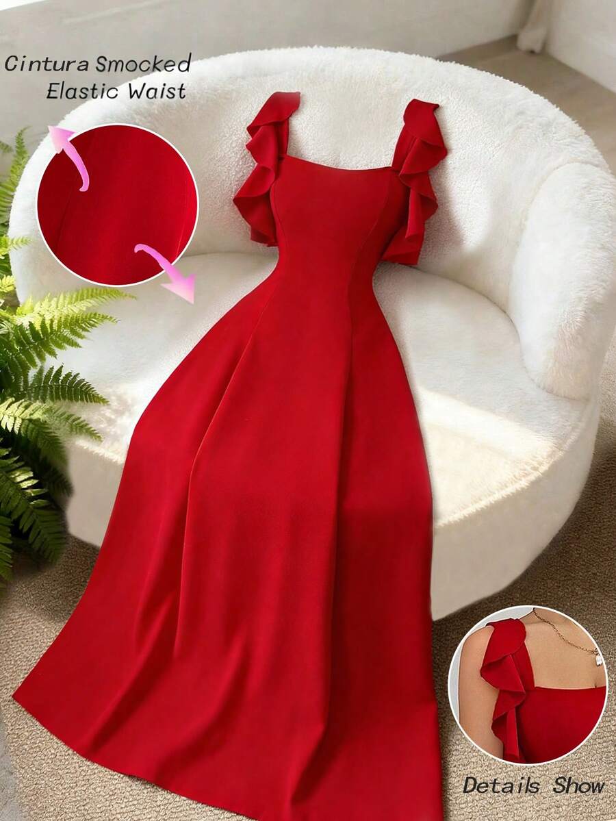 SHEIN Elenzga فستان أحمر أنيق بخصر مشدود وذيل مكشكش