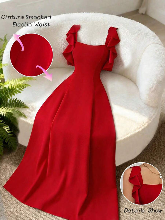 SHEIN Elenzga فستان أحمر أنيق بخصر مشدود وذيل مكشكش