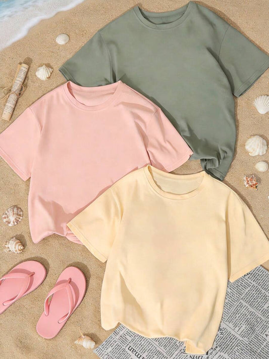 SHEIN طقم تي شيرت 3 قطع بياقة دائرية وأكمام قصيرة