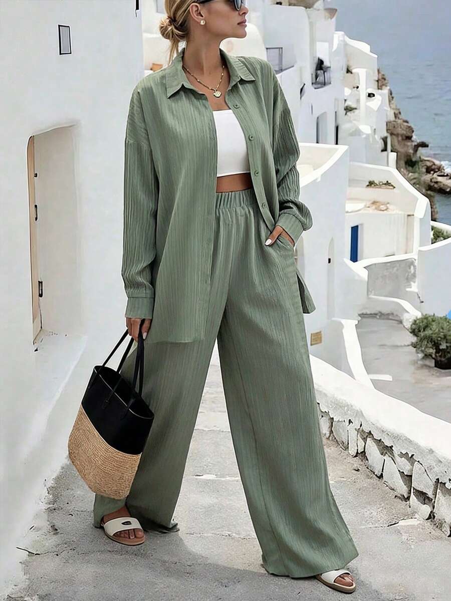 SHEIN Hotletica طقم نسائي قطعتين قميص بأكمام منسدلة وبنطال واسع