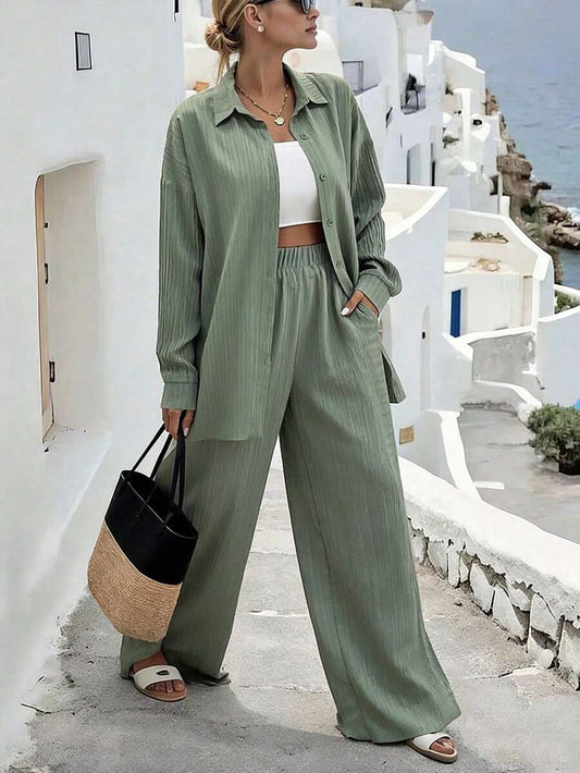 SHEIN Hotletica طقم نسائي قطعتين قميص بأكمام منسدلة وبنطال واسع