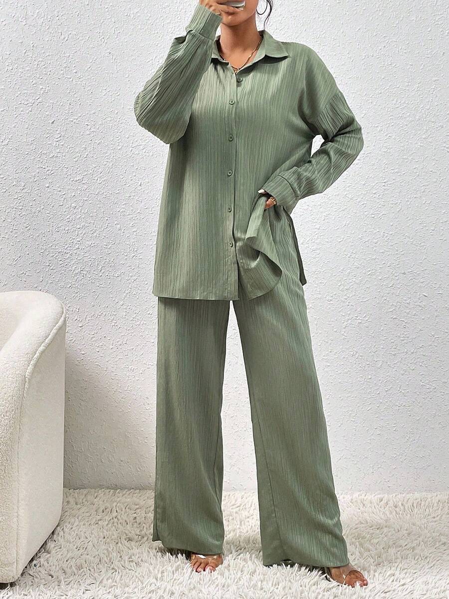 SHEIN Hotletica طقم نسائي قطعتين قميص بأكمام منسدلة وبنطال واسع