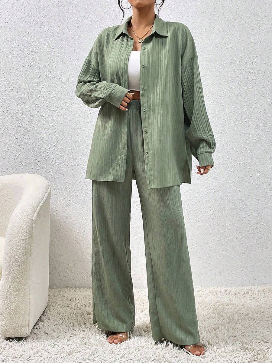 SHEIN Hotletica طقم نسائي قطعتين قميص بأكمام منسدلة وبنطال واسع