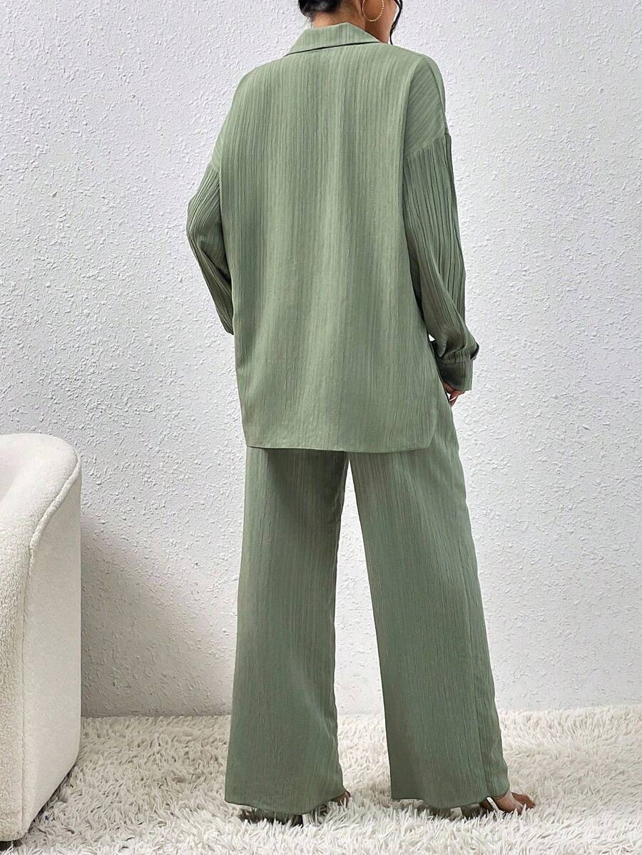 SHEIN Hotletica طقم نسائي قطعتين قميص بأكمام منسدلة وبنطال واسع