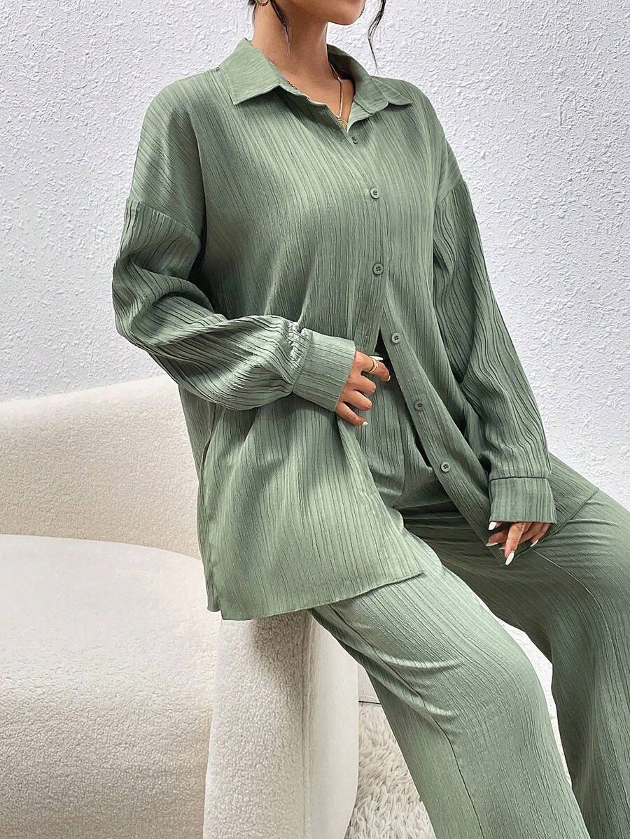 SHEIN Hotletica طقم نسائي قطعتين قميص بأكمام منسدلة وبنطال واسع