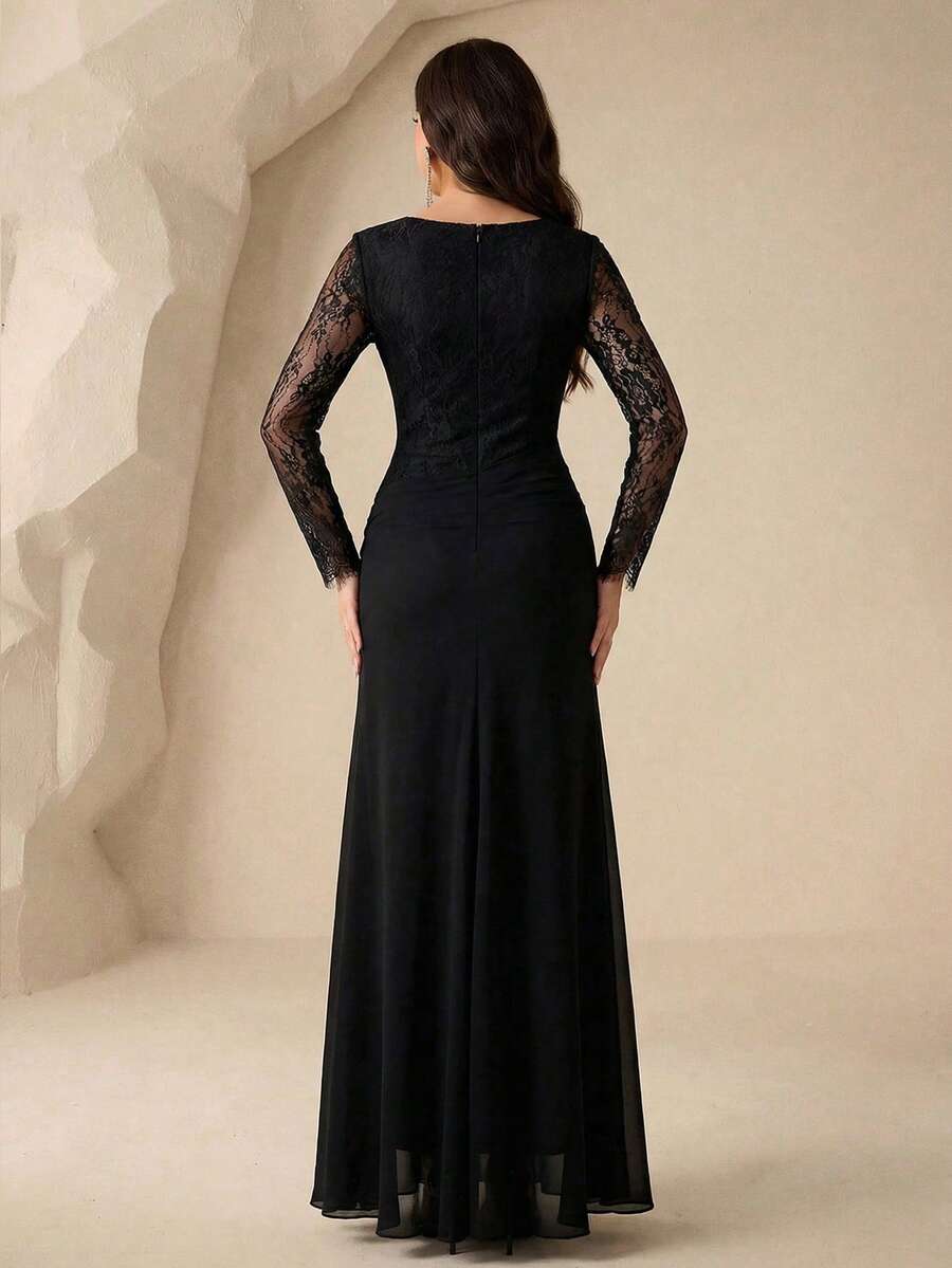 SHEIN فستان طويل دانتيل بخصر مشدود وتصميم مرقع باللون الأسود