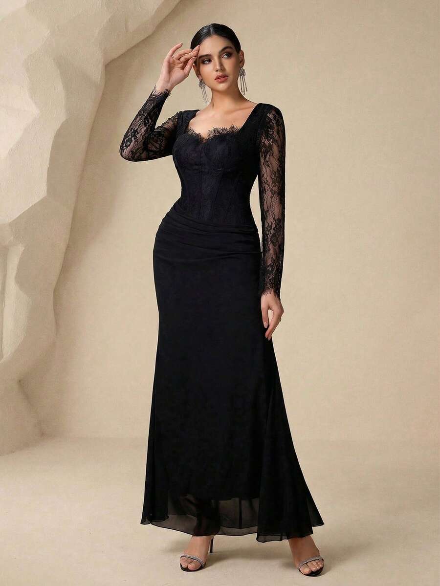 SHEIN فستان طويل دانتيل بخصر مشدود وتصميم مرقع باللون الأسود