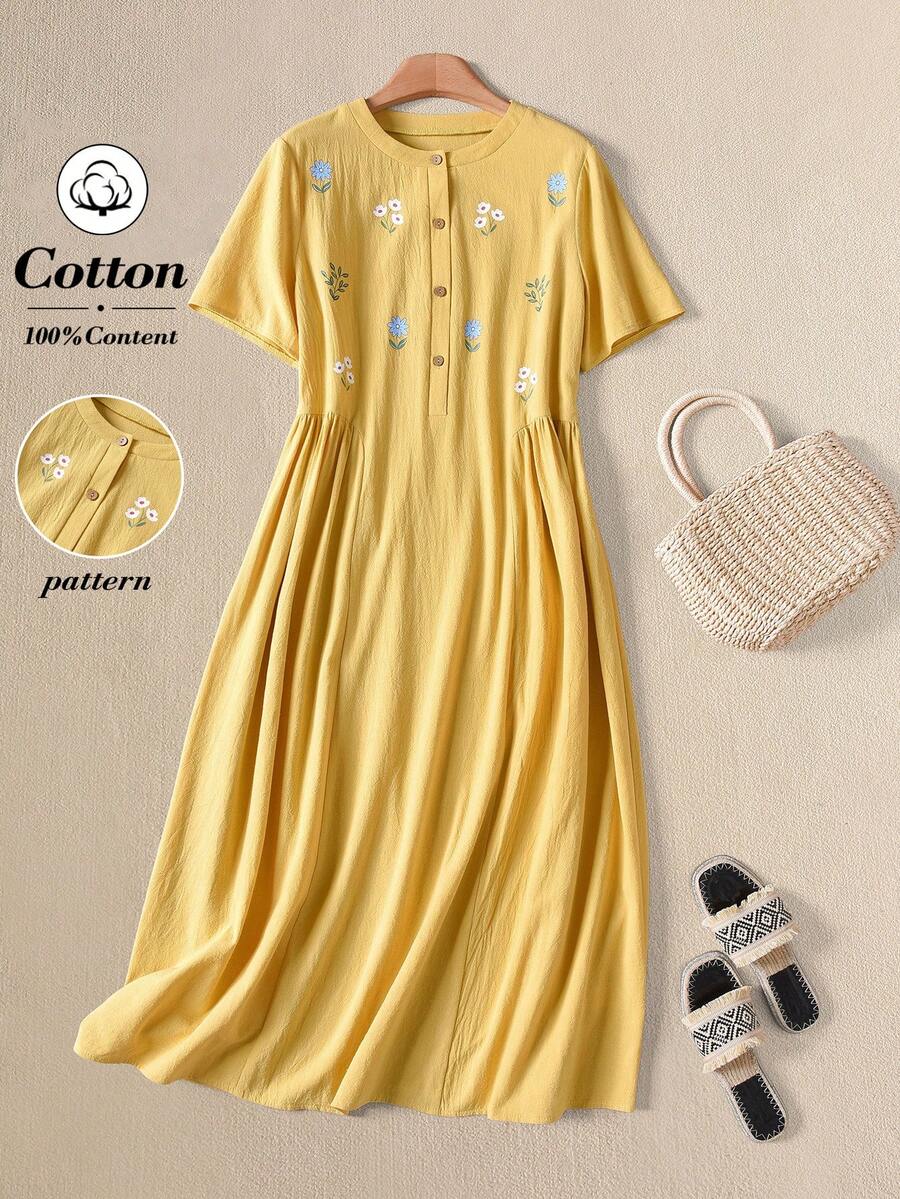 SHEIN RUSTICEASE فستان أصفر كاجوال أنيق بطبعة زهرية