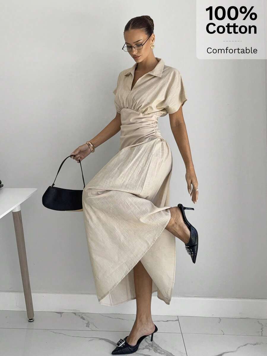 SHEIN Siren Gaze فستان بأكمام قصيرة بخصر مشدود بلون مشمشي