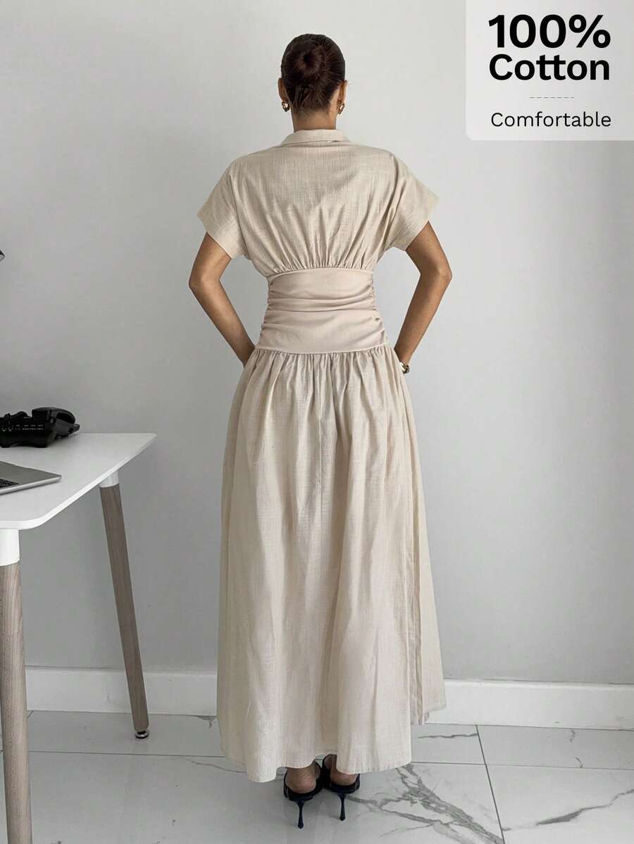 SHEIN Siren Gaze فستان بأكمام قصيرة بخصر مشدود بلون مشمشي