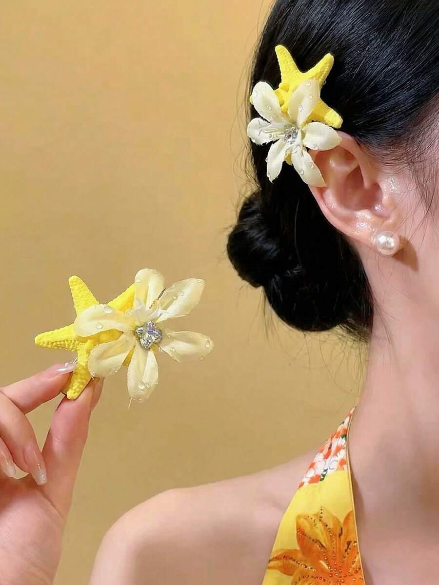 SHEIN طقم مشابك شعر قطعتين بتصميم نجمة البحر وزهرة صفراء