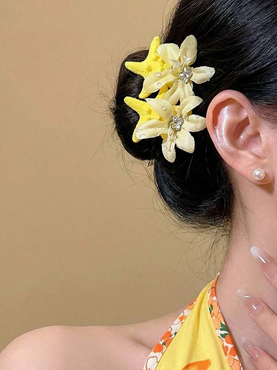 SHEIN طقم مشابك شعر قطعتين بتصميم نجمة البحر وزهرة صفراء