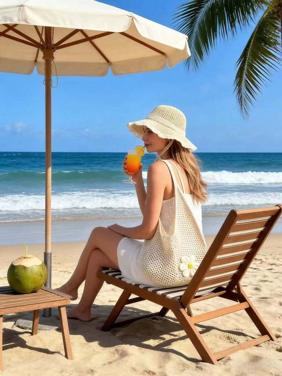 SHEIN مجموعة حقيبة كتف كروشيه وقبعة شمس قش شبكية زهرية