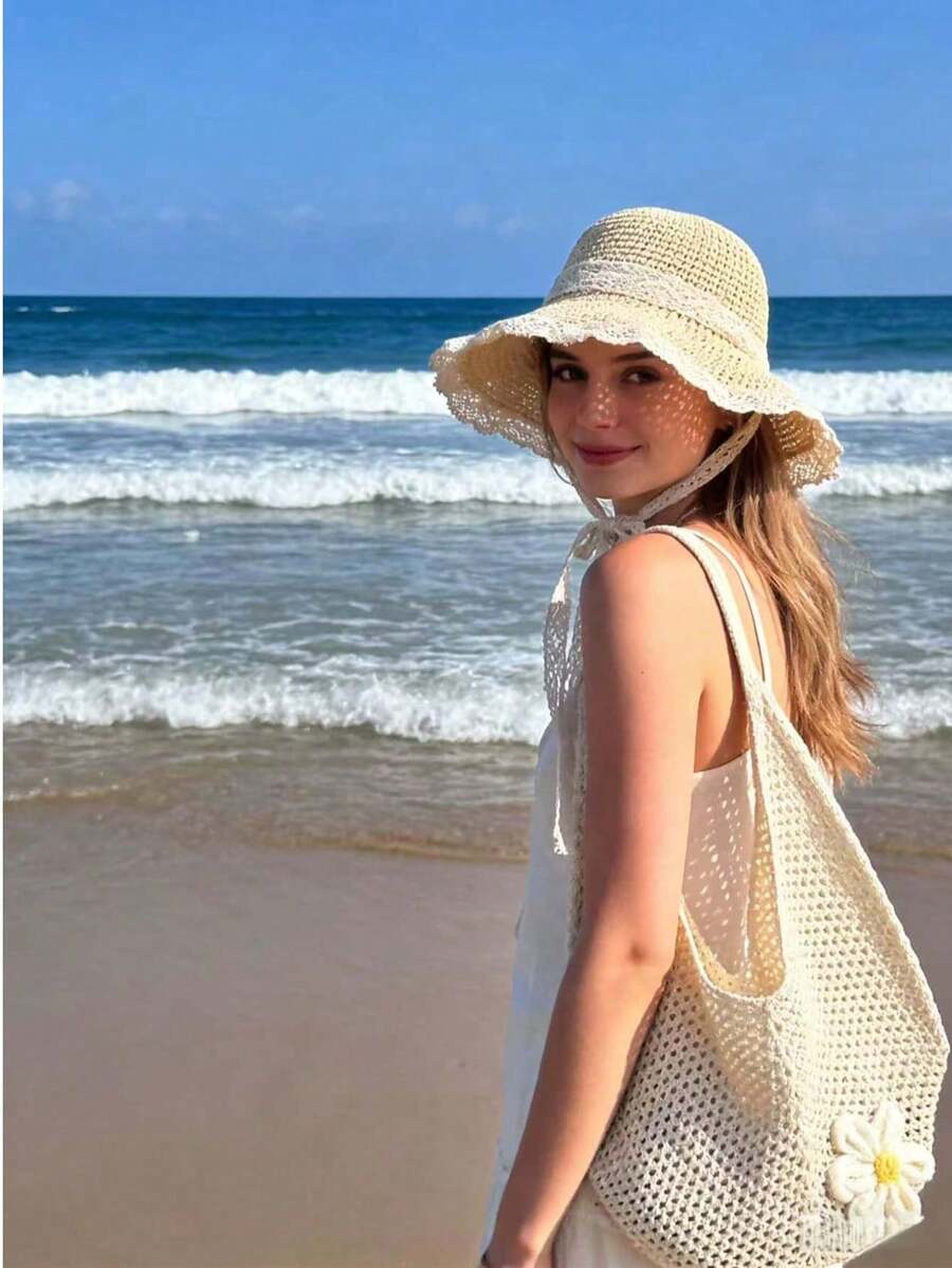 SHEIN مجموعة حقيبة كتف كروشيه وقبعة شمس قش شبكية زهرية