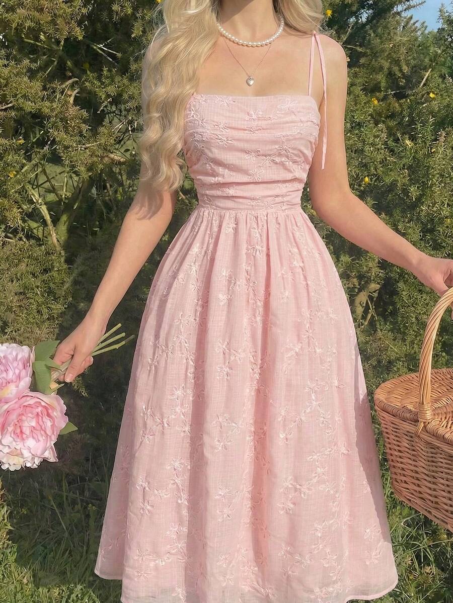 SHEIN MOD فستان وردي مطرز بالكشكشة
