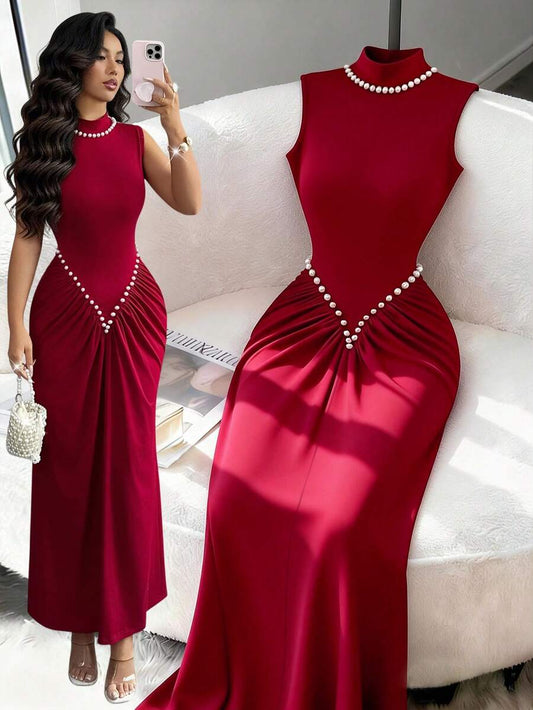 SHEIN Rafferiza فستان عنابي محبوك بتصميم مطوي مرن مزين باللؤلؤ
