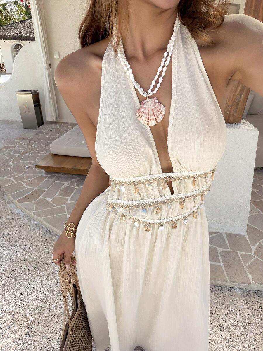 SHEIN Sunnyshic فستان ماكس بربطة عنق وتنورة مطوية مزخرف بالخرز والشراريب