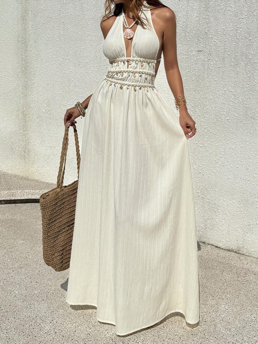 SHEIN Sunnyshic فستان ماكس بربطة عنق وتنورة مطوية مزخرف بالخرز والشراريب